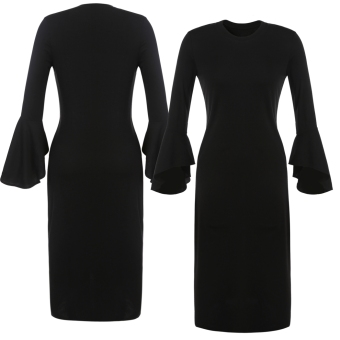 Fashion Women O-Neck Asymmetrical Flare Sleeve Side Slit Solid Midi Dress - intl  