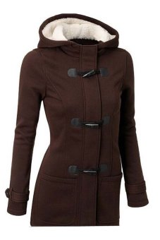 Fashion Women Wool Blends Slim Hooded Collar Zipper Horn Button Coats (Brown)  