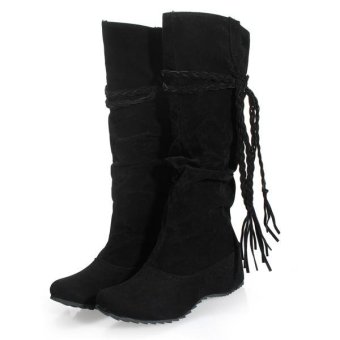 Fashion Womens Lady Mid Calf Suede Tassels Winter Warm Boots Flat Shoes Black - intl  