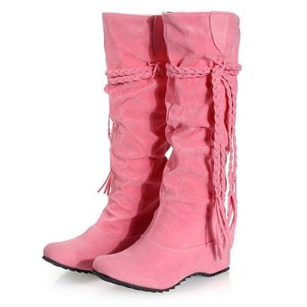 Fashion Womens Lady Mid Calf Suede Tassels Winter Warm Boots Flat Shoes Pink - intl  