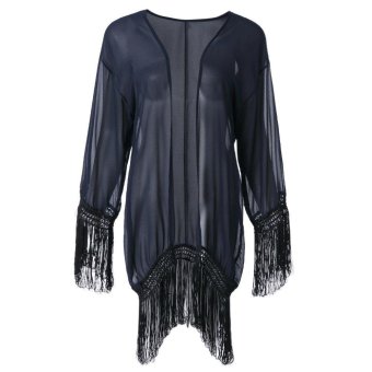 Fashionable Fringed Long Sleeve Chiffon Blouse For Women(BLUE)(Size:2XL) - intl  