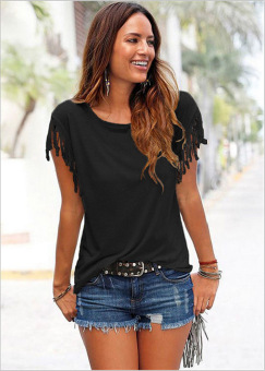 Female European Style O Neck Tassels Knotted Cotton Shirts(Color:Black) - intl  