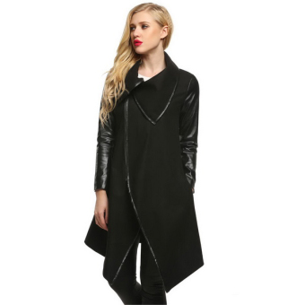 Finejo Women Lapel Long Sleeve Zip-up Faux Leather Patchwork Irregular Hem Wool Blend Coat Outwear (Black) - intl  