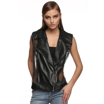 Finejo Women Zip-up Slim Fit Sheer Organza Patchwork Rivet Faux Leather Jacket (Black) - intl  