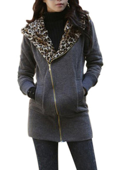 Five Star Store ZANZEA Women Leopard Hoodie Fleece Coat Jacket Sweatshirt Zip Outwear Tops Grey - Intl - intl  