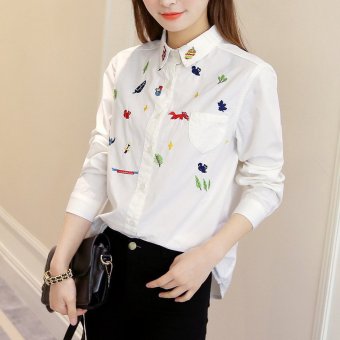 Fox embroidered shirt spring new fashion cotton leaves embroidered collar blouse long sleeves big size women office blouses  