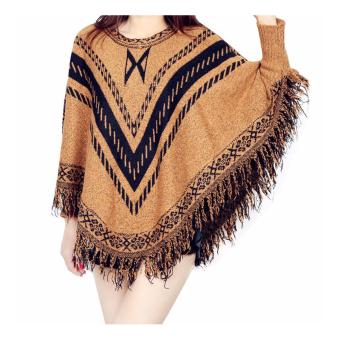 Fringed shawl cloak Peng upset sweater round neck loose bat sleeve knit shirt khaki - intl  