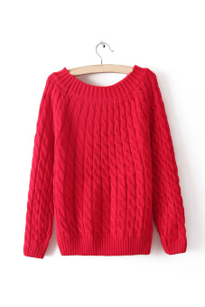 Gadis Perempuan Yang Panjang Dan Sweater Rajutan Longgar Lengan Baju Kaos Pakaian Rajut Baju Atasan Kasual (Merah)  