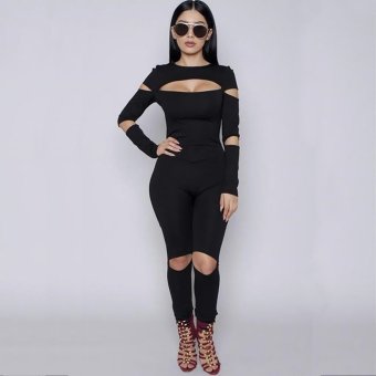 Gamiss Fashion Sexy Jumpsuit Woman Slim Zipper Back Broken Hole (Black) - IntlTC  