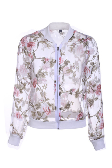 GE Summer Fashion Women Long Sleeve Floral Zip Coat Organza Sheer Jacket Tops One size(White)  