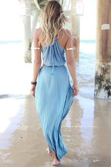 GE Women Bandage V-Neck Beach Sundress Long Dress S-L (Blue)  