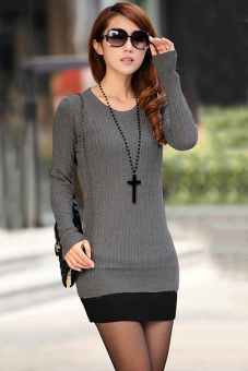 GE Women Cotton Slim Knitwear Sweater Dress One Size (Gray)  