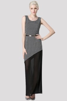 GE Women Sleeveless O-Neck Grid Chiffon Patchwork Slit Maxi Dress M-XL (Black)  