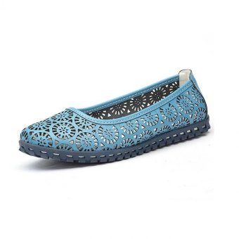 Genuine Leather Women Flats Cut-out Carved Breathable Spring Mother Shoes For Woman Black White OL Ladies Office Shoes?Blue?  