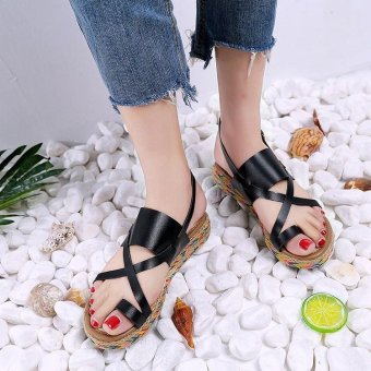 Girls' Women's Summer Sandals Flat Sandals Thick Heels Colorful Weave Toe Clip PU Leather Beach Wear Color Black - intl  