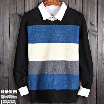 Good Quality Winter Autumn V-neck Long Sleeve Stripe Men Sweater(Blue) - intl  