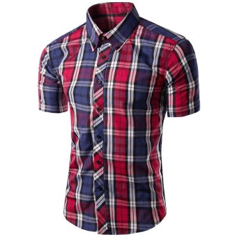 Gracefulvara Cool Men's Casual Dress Shirt Fashion Plaid Pattern Short Sleeve T-shirts Summer Leisure Tops  