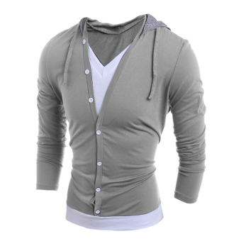 Gracefulvara Fashion Men V Neck Long Sleeve Hooded Casual T-Shirt Tops Tee Shirts WIth Buttons (Light Grey)  