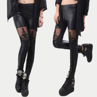 Gracefulvara Fashion Sexy Women Faux Leather Gothic Punk Leggings Pants Lace Skinny Trousers  