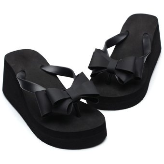 Gracefulvara Ladies Women Summer Platform Flip Flops Thong Wedge Beach Sandals Bowknot Decorated Shoes (Black)  