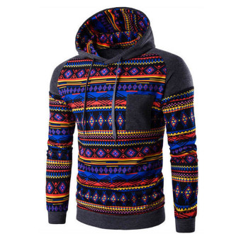Gracefulvara Men's Winter Hoodie Print National Style Warm Hooded Sweatshirt Coat Jacket Outwear Sweater - Dark Gary  