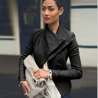 Grandwish Women Big Lapel Leather Coat Motor Jacket Short Coat Slim S-XL (Black) - intl  