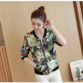 Green Korean Fashion Women Jacket Spring Autumn Women Coat Vintage Floral Printed Stand Collar Casual Womens Jackets Coat Female Overcoat - intl  