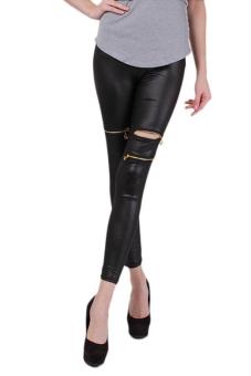 Hang-Qiao High Elastic Faux Leather Zipper Leisure Leggings Black  