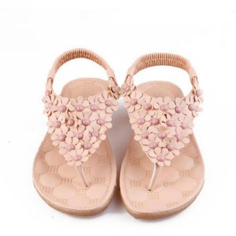 Hang-Qiao Ladies Bohemia Style Sandals Flat Shoes Beads Toepost Summer Sandals Apricot - Intl - Intl  