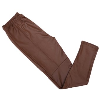 Hang-Qiao Leather Stitching Leggings Leisure Thin Tights Pants Brown  