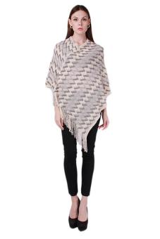 Hang-Qiao New Women Sweater Tassels Poncho Long Knitted Pullovers Cape Coat Beige  