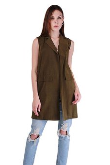 Hang-Qiao Women Sleeveless Long Waistcoat Coat Suit Cardigan Army Green  