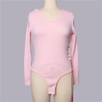 HangQiao Women Suit Long Sleeve V-Neck Bandage Plain Sexy Jumpsuit (Pink) - intl  