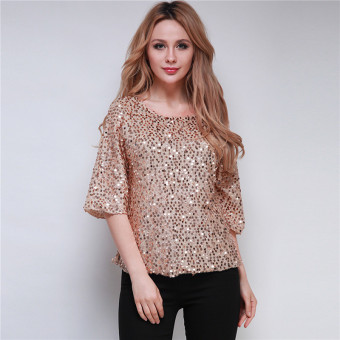 Hanyu Sexy Fashion Women Sequins T-shirts Plus Size Party Blouse Gold  