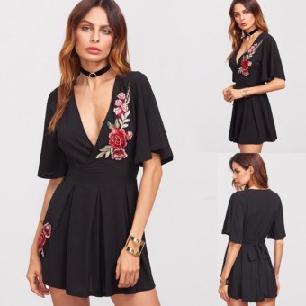 Hanyu Sexy Women Flying Sleeve Deep V-neck Embroidery Casual Rompers Jumpsuits(Black) - intl  