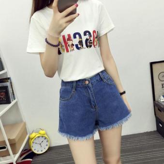 Happy Korean version of high waist denim shorts Blue - intl  