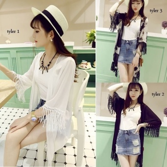 Happycat 2016 Fashion Ladies Women Perspective Fringe Patchwork Loose Casual Long Cardigan Chiffon Blouse--3  