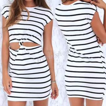 Happycat New Stylish Women's Short Sleeve Striped Sexy Front Hollow Out Elastic Casual Slim Mini Dress irsh (White and Black) (L) - intl  