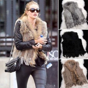 Happycat New Women Hot Fashion Knit Sleeveless Faux Fur Vest With Raccoon Fur Collar Waistcoat (Khaki) (2XL) - intl  