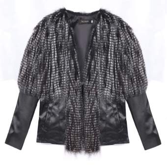 Happycat Women Winter Fashion Faux Fur Synthetic Leather Patchwork Long Sleeve Slim Jacket Coat Outwear (Black) (XXL) - Intl - intl  
