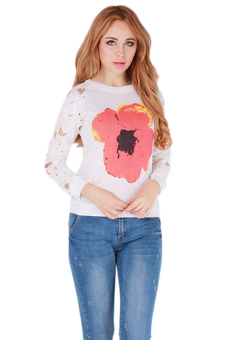 HengSong Lady Flower Hoodies Lace Long Sleeve Coat White  