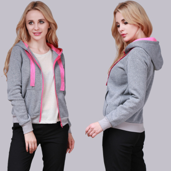 HengSong Women Ladies Cotton Patchwork Casual Zipper Solid Jacket Outerwear Grey - intl  