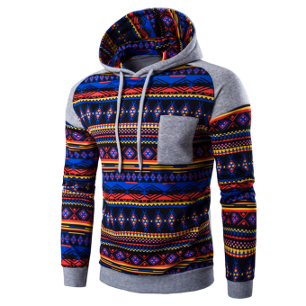 Hequ Fashion Men Casual Hooded Geometry Pattern Print Sweatershirt Top Solid Color Hoodies LightGrey - intl  