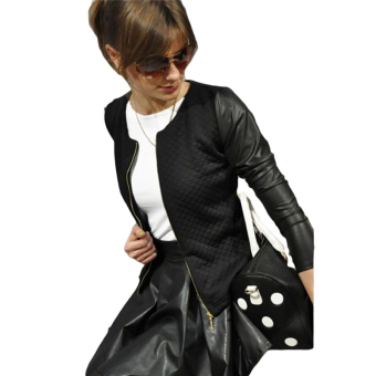 Hequ Fashion Women Autumn Zipper Leather Full Slleeve Cardigan Jacket Black  