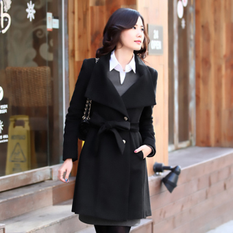 Hequ New Autumn Women'S Slim Long-Sleeve Wool Thick Woolen Overcoat Outerwear Coat Black - intl  