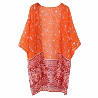 Hequ New Blouses Bohemia Printed Chiffon Womens three quarter Sleeve Shawl Kimono Cardigan Summer Style Cover up Loose Casual Blusa Orange - intl  