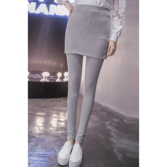 High Elastic Pants Large Size Breathable Solid Color High Waisted Sexy Fake Two Pieces Slim Women's Leggings 2016 Autumn And Winter ( Light Grey ?  - intl  