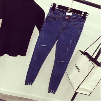 High Waist Skinny Jeans Female Scratch Worn Feet Vintage Pencil Pants Women Jeans 2XL S(Blue) - intl  