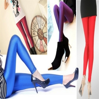 Hot Women Candy-colors Shiny Pants Bright Fluorescent High Elastic Leggings C162 Dark Blue - intl  