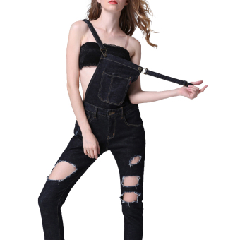 In the autumn of 2016 new black holes are all-match elastic loose pants nine female cowboy Suspenders - intl  